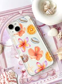 Flower 1pc Minimalist Seaworld Elements Starfish, Hibiscus, Fruit Pattern Soft Phone Case, Anti-Slip, Compatible With IPhone 11/12/13/14/15/16 Pro Max