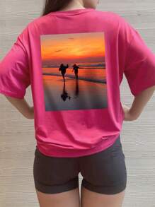 Customized Women's T-Shirt - Add Your Text And Photos (Landscape/Badge Design/Couple/Family/Selfie/Pet), Front And Back Print, Fashionable, Customized Women's Sportswear, Streetwear Casual, Sports Outdoor, Elegant Winter, Personalized Comfortable Loose Casual T-Shirt - Hot Pink - View 3