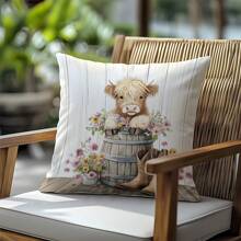 1 件 17.7*17.7 英寸 (45*45 厘米) [单面印花] 花卉牛仔靴高地牛印花涤纶抱枕套，适合日常使用、家居装饰、客厅沙发、卧室、汽车 [不含枕芯]