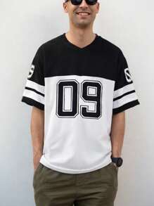 Men's Solid Color Patchwork Numeric Print Casual Sports Short Sleeve T-Shirt - White - View 2