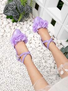 新款儿童高跟鞋，紫色丝绸花朵镂空交叉带公主鞋，透明高跟女童高跟鞋 - 紫色 - 查看 7