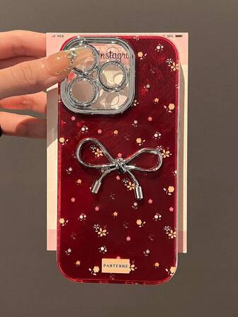 1pc Elegant Red Floral Metallic 3D Bow Phone Case - Precise Camera Cutout Protective Soft Cover Compatible With IPhone 7/8 Plus, X, XR, XS Max, 11, 12, 13, 14, 15 Plus, 16 Pro Max, 17 Pro Max