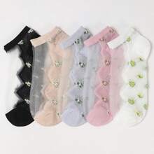 5 Pairs Women's Summer Crystal Mesh Socks, Lightweight Breathable Glass Crystal Socks With Embroidered Ditsy Floral Details, Machine Washable, Cute Invisible Boat Socks, Ladies Stockings And Socks