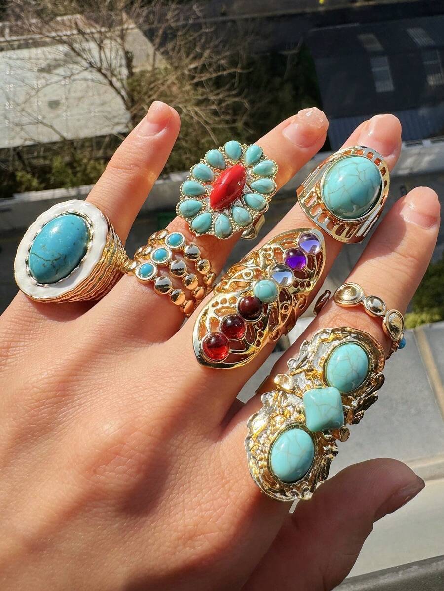 7 件套时尚复古绿松石金色戒指套装，女士珠宝配饰，日常佩戴 - 彩色 - 查看 1