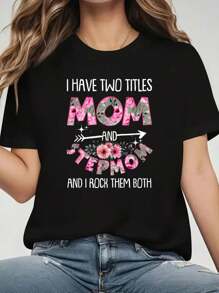 Two Titles Mom & Stepmom I Rock Them Both Mother's Day T-Shirt Print T-Shirt, Casual Crew Neck Short Sleeve Comfort Tee Top For Spring & Summer, Women's Clothing+$B:$B - 黑色 - 查看 1