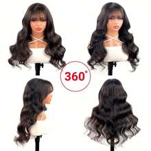 波浪卷假发，带刘海，女士真人发假发，无蕾丝前假发，巴西原生发无胶机织假发，自然色（20 英寸，波浪卷）