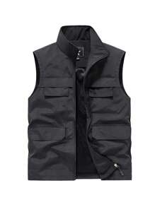 Nouvelle 2025 Gilet casual d'été unicolore pour hommes, gilet de pêche multipoches simple et élégant pour l'extérieur, multifonction - Noir - Voir 1