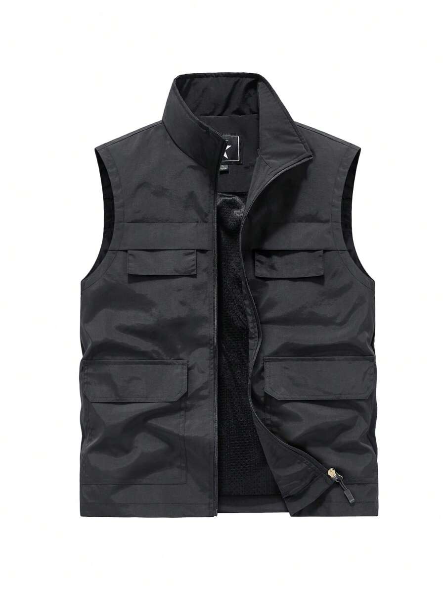 Nouvelle 2025 Gilet casual d'été unicolore pour hommes, gilet de pêche multipoches simple et élégant pour l'extérieur, multifonction - Noir - Voir 1