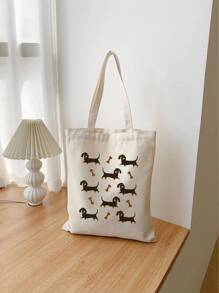 Dachshund Pattern Cute Silly Dog Print Tote Bag, Casual Large Capacity Shoulder Bag, Daily Shopping Bag, Multi-Functional Storage Bag, Lightweight Travel Handbag, Gift Idea, Travel Souvenir, Essential Travel Tote Bag, Suitable For Commuting, Back To School, Travel, Picnic, Camping, Outdoor Adventure And More - Beige - View 2