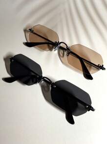 015835340007 2 chiếc kính râm nam gọng đen ánh kim hình lục giác nhỏ màu sâm panh, phối màu chuyển sắc, thích hợp cho đường phố, bãi biển, đi làm hàng ngày, phong cách du lịch cổ điển (kèm dây đeo và khăn lau). - 1*Đen/Hồng sâm panh+1*Đen/Xám - Xem 3