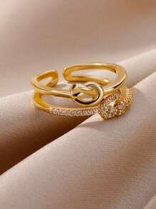 1 件精致双层结戒指女士 18K 镀金不锈钢开口可调节戒指订婚结婚珠宝时尚配饰情人节礼物