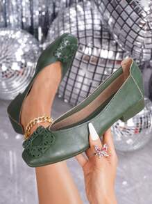 Zapatos casuales de verano para mujer, tipo slip-on, de punta cuadrada y planos con detalles metálicos - Verde - Ver 1