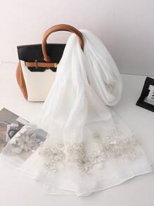 1条桑蚕丝刺绣围巾，手工花卉刺绣披肩，长款旗袍围巾