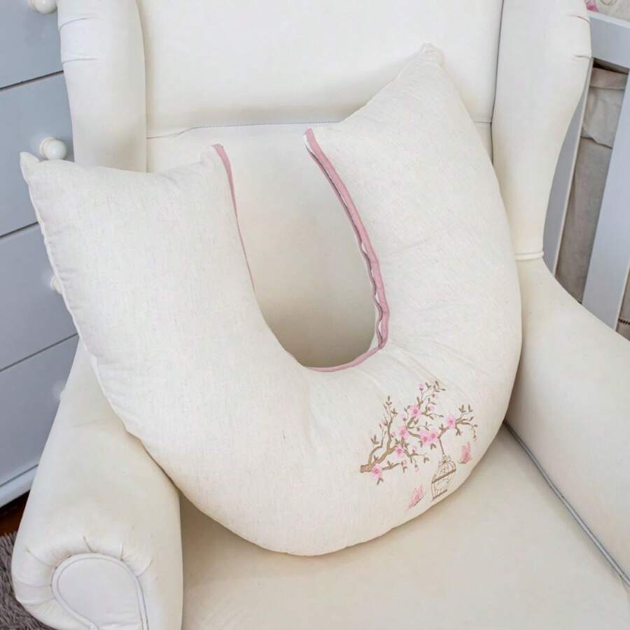 Nursing Pillow In 100% Cotton Linen With Embroidered Zipper For Boys And Girls Baby Layette - 乾枯玫瑰色 - 查看 1
