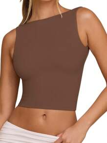 Open Back Tops For Women High Neck Sleeveless Crop Tank Tops Y2k Backless Crop Tops - 棕色 - 查看 2