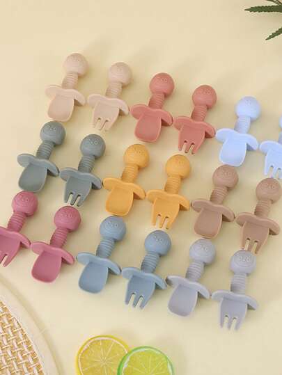 2 Pcs Baby Training Fork & Spoon Set, Panda Soft Silicone Infant Learning Tableware, Newborn Feeding Accessories, Gift For Halloween, Christmas, Thanksgiving, Easter