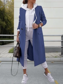 Gabardina de invierno de mezcla de lana cruzada para mujer de Youiham, chaqueta larga y elegante con cuello de solapa con muescas - azul real - Ver 1
