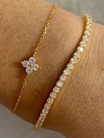 2pcs Cubic Zirconia Flower Beaded Bracelet With Crystal Chain Double Layer Bracelet Set, Suitable For Women Daily, Date, Party, Social Occasion