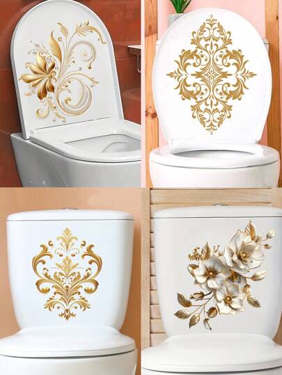 1 Pc Home Decorations Golden Floral Self-Adhesive Toilet Seat Sticker DIY Waterproof Self-Adhesive PVC Toilet Cover - Suitable For Water Tank Bathroom WC Toilet Decoration Bathroom Decor Fall Decor