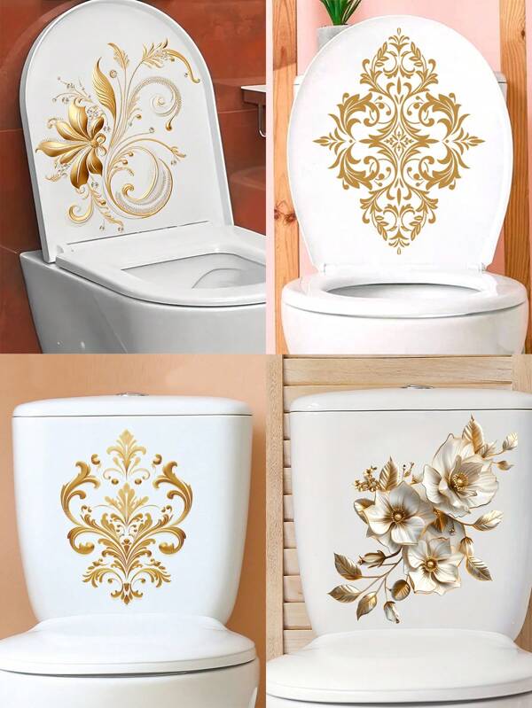 1 Pc Home Decorations Golden Floral Self-Adhesive Toilet Seat Sticker DIY Waterproof Self-Adhesive PVC Toilet Cover - Suitable For Water Tank Bathroom WC Toilet Decoration Bathroom Decor Summer