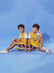 2pcs Kids Customized Basketball Jersey #24, Sublimation Printed Text & Name, Sports Uniform, Shorts, Tee Set For Boys & Girls, Basketball Match Team Uniform, Summer Children Sportswear Set - Yellow - View 2