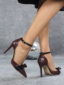 Women's Fashion High Heels - Classic PU Leather Pointed Toe Pumps, Color Block Hollow-Out Shoes, Premium Lycra Material Bow Decor Pumps, Gold Circle Buckle Pumps, Maroon Lacquer Stiletto High Heels, All-Season Outdoor & Regular Elegant Maroon Flats