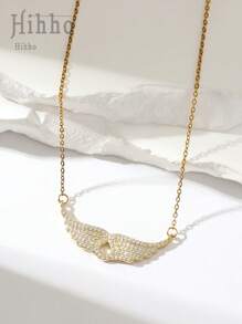 Hihho 1 pieza Collar colgante de lujo para mujer con gemas de circonita incrustadas en diseño de ala de ángel y gota de agua hueca, regalo de joyería