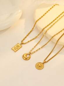 Onelike 3pcs Stainless Steel Golden Rose Flower & Water Drop Heart Circle Pendant Necklace Set, Suitable For Women's Daily Decor Or Gift - Yellow Gold - View 2