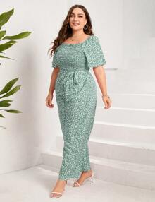 GoyRrbay Plus Size Casual Jumpsuits For Women Outfits Tie Belt Bell Sleeve Smocked Beach Wide Leg Floral Jumpsuits - 綠色小碎花 - 查看 3
