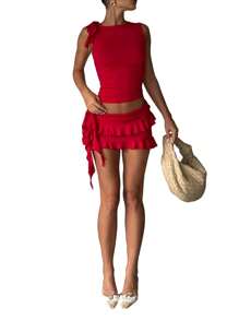 2 Piece Sets For Women Y2k Going Out Ruffle Trim Ruched Tank Top And High Waist Skirt Set Club Mini Dress - 紅色 - 查看 5