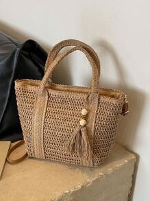 1pc Holiday Straw Shoulder Bag, Fashionable Woven Beach/Picnic Tote Bag With Tassel Decor, Casual Handmade Woven Bag Suitable For Gifts, Perfectly Matching With Vacation Outfits Women - Khaki - View 12