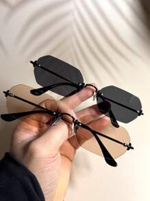 015835340007 2 chiếc kính râm nam gọng đen ánh kim hình lục giác nhỏ màu sâm panh, phối màu chuyển sắc, thích hợp cho đường phố, bãi biển, đi làm hàng ngày, phong cách du lịch cổ điển (kèm dây đeo và khăn lau). - 1*Đen/Hồng sâm panh+1*Đen/Xám - Xem 8