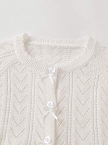 Casaco de Tricô Informal com Gola Xale para Menina, Jaqueta Leve e Curta com Recorte Vazado de Cor Sólida para Meninas - Branco - Visão 3