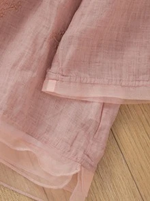 Retro Aesthetic Floral Embroidered Shirt, Organza Patchwork Design Casual Chic Blouse, Hobo Bohemian Style Floral Embroidered Elegant Top, Simple Daily Vintage Botanical Embroidery Shirt, Holiday Short Sleeve Top - Pink - View 8