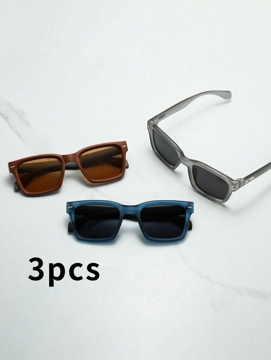 3pcs Vintage Square Frame Fashion Glasses For Men, High-Quality Design Suitable For Driving, Traveling, Leisure, Outdoor, Sports, And Daily Use For Summer Beach Vacation, Outdoor, Travel - 3-piece Combination (1 Gray + 1 Tea + Blue-gray) - View 1