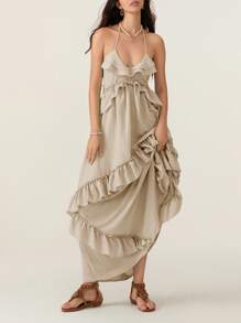 Women Y2K Summer Boho Long Dress Sleeveless Deep V Neck Halter Neck Layered Ruffle Maxi Dress Flowy Swing Beach Dress - Grey - View 5
