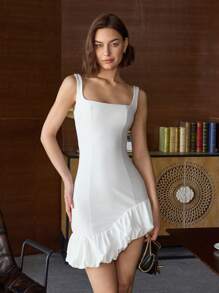 Women's Solid Color Asymmetrical Hem Sleeveless Fashion Dress Skirt - White - View 1