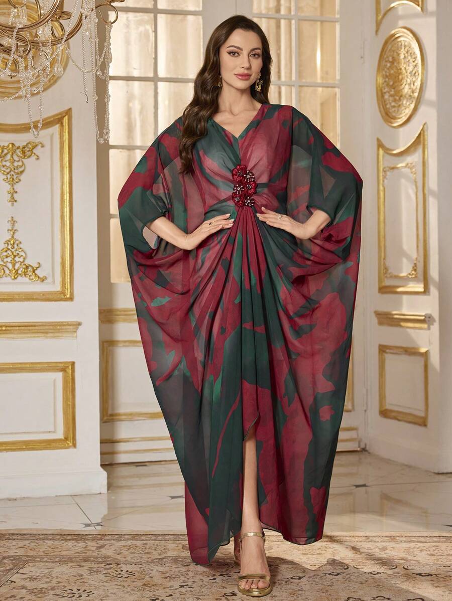 [随机裁剪] 心形领 3/4 袖 手工装饰 水晶装饰 多色雪纺 优雅晚会礼服 - 彩色 - 查看 1