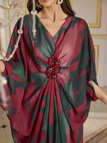 [随机裁剪] 心形领 3/4 袖 手工装饰 水晶装饰 多色雪纺 优雅晚会礼服 - 彩色 - 查看 4