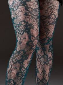 1pc Curve Tights Fishnet Leggings, Sun Flower Design Women's Fashion Sexy Hollow Out Retro Dark Green Stockings, Suitable For Halloween, Christmas, Y2K Outfit