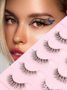 5 对/套自然长卷浓密交叉鱼尾假睫毛，带透明茎，适合日常佩戴、约会、度假、聚会、婚礼、工作 - 眼尾拉長款 - 查看 1