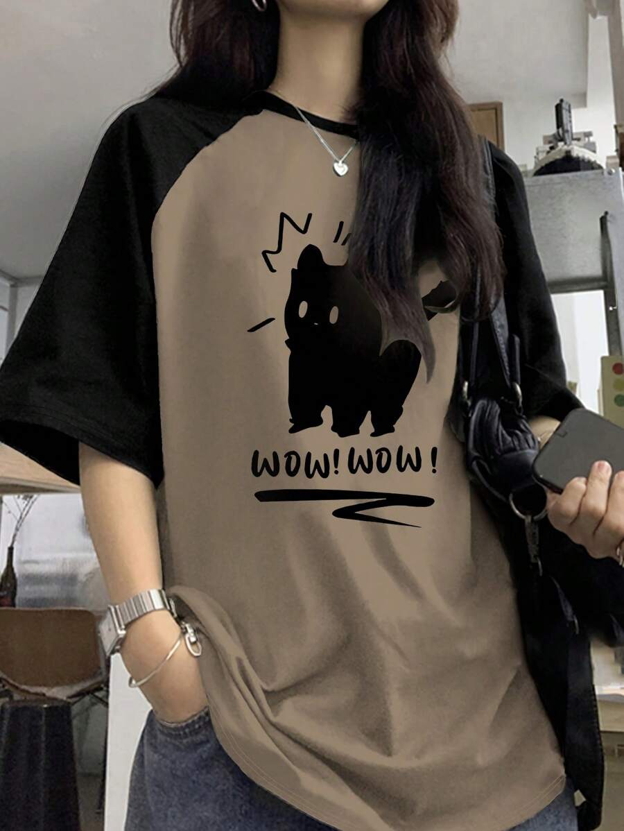 女式时尚休闲 Y2K 风格可爱猫咪印花撞色插肩袖圆领短袖 T 恤