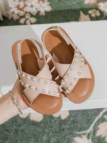 1 par de sandálias rasteiras infantis com detalhes em pérolas, sapatos de praia para o verão - Damasco - Ver 2
