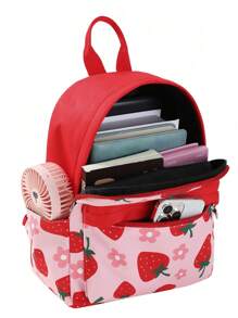 Girls Cute Strawberry Printing Backpack, Daily Mini Sweet Daypack For Teenagers And Students, Patchwork Design Women Double Shoulder Bag, School Backpack - Pink - View 9