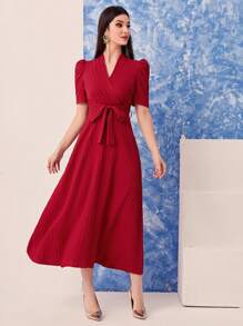 Vestido rojo casual y elegante de cuello en V cruzado, de manga larga, para mujer, de primavera y verano - Burdeos - Ver 4