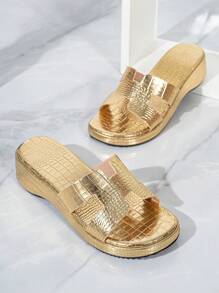 Women's Outdoor Platform Wedge Sandals With Metallic Alligator Texture, Open Toe - Gold - View 4