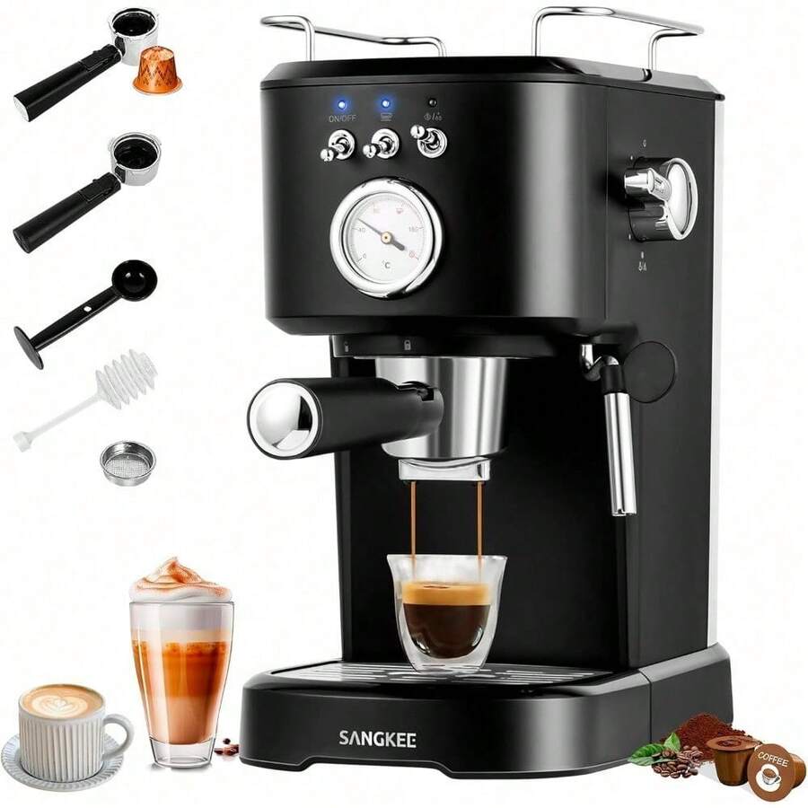 Máquina de Espresso y Capuchino 20 Bares, Cafetera Cápsulas y Café Molido con Espumador de Leche para Espresso Cappuccino Mocha y Latte para Barista en casa (ESS2) - 1 - Ver 1