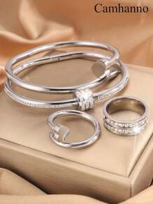 Camhanno 4 Pieces Of Exquisite, Gorgeous And Elegant, Atmospheric And Fashionable Stainless Steel Love Nail + Bracelet + Ring Set Is Suitable For Daily Wear, Holiday Girlfriends - Silver - View 13