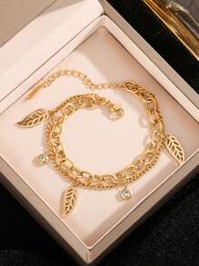 1 件时尚优雅的几何叶形亮片和羽毛装饰链手链，适合节日佩戴 - 金色 - 查看 2