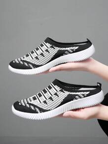 1 Đôi giày thể thao lười đan Totem đen trắng cho nữ, nhẹ, chống trượt, thoáng khí, thích hợp cho đi bộ ngoài trời, trong nhà và thể thao - Đen và trắng - Xem 4